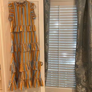 M. D. S stripes blue and orange maxi dress with ruffles